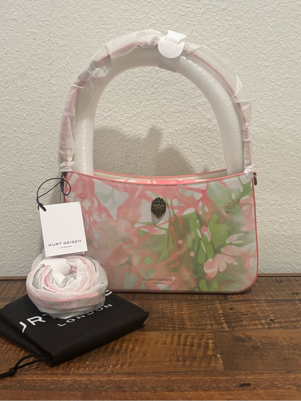 Kurt Geiger Pastel Pink & Green Floral Leather Shoulder Bag w/ additional strap